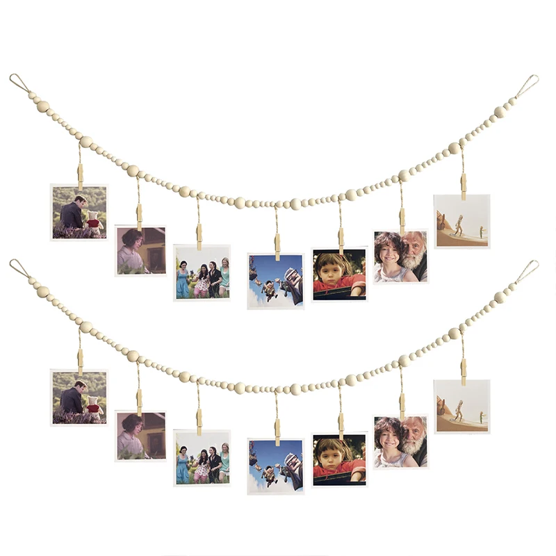 Wall Hanging Photo Display With Clips Wooden Beads Garland Collage Picture Frame DIY Wall Decor Photo Holder Multi-style Frame