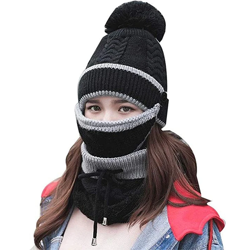 3 En 1 Femme Chapeau Tricot Ensemble Bonnet Charpe Masque Facial En  Molleton Thermique Cache-Cou Tour De Cou Hiver Bonnet D'Extrieur Ski  Snowboard Cyc