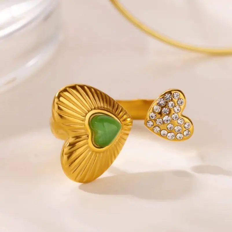 Green Zircon Heart Rings For Women Gold Color Stainless Steel