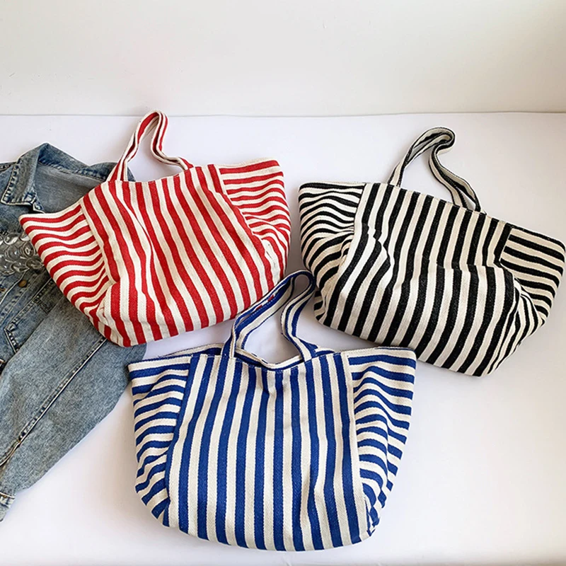 Women Portable Shoulder Bag Thin Canvas Handbag Stripes Design Large Capacity Shopping Tote Cute Cloth Books Pack