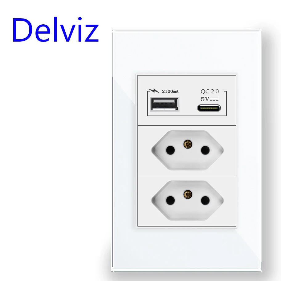 Delviz Type C USB Wall Socket, With USB Ports charging socket, 120mm*72mm Tempered Glass Panel, Brazil Standard 10A Power Outlet