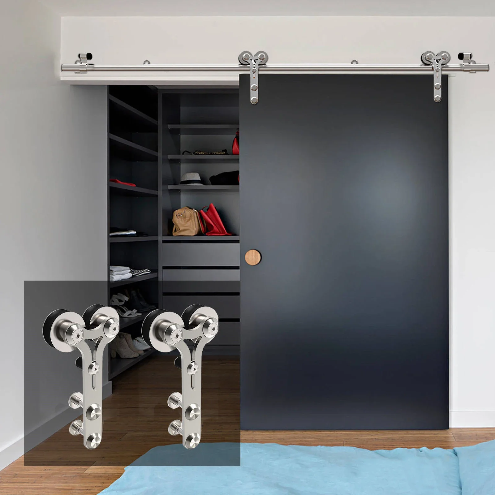 

Sliding Door Hardware Clsoet Track Kit Stainless Steel for Single Door Hardware Hanger 4-16FT Barn Door Hardware Kit