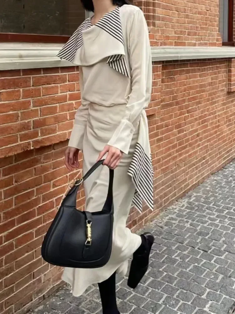 

2024 New Contrast Stripes Print Suit For Women Scarf Collar Long Sleeve Straight Shirt or High Waist Skirt High Street