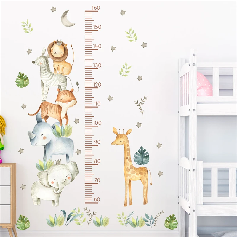 

Happy Animals Wall Stickers For Height Measuring Kids Room Decoration Cartoon Lion Giraffe Mural Art Diy Home Decals Pvc Posters