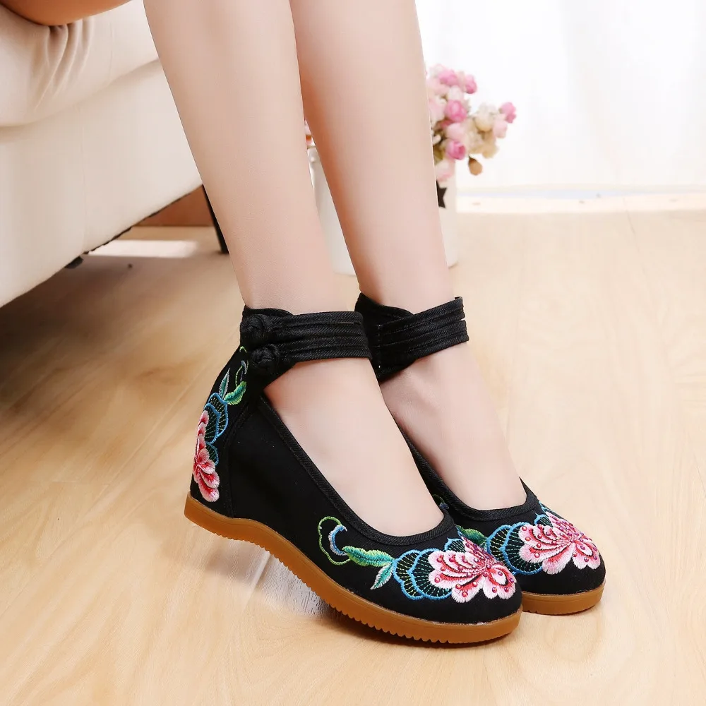Comemore Women's Wedged Canvas Chinese Shoes 7cm Hidden High Heel Platforms Flower Embroidered Ankle Strap Ladies Cotton Pumps