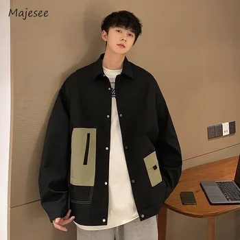 Patchwork Jackets Men Youthful Hipster Popular Korean Style Pockets Contrast Color Spring Autumn Teenagers Trendy Outerwear Cozy 1