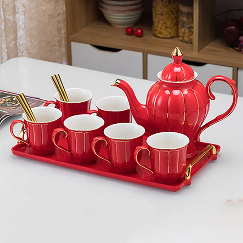 Chinese Porcelain Pot and Cup Set, Coffee Mugs for Home, Household, Office, Traditional Red, Wedding Souvenir Gifts