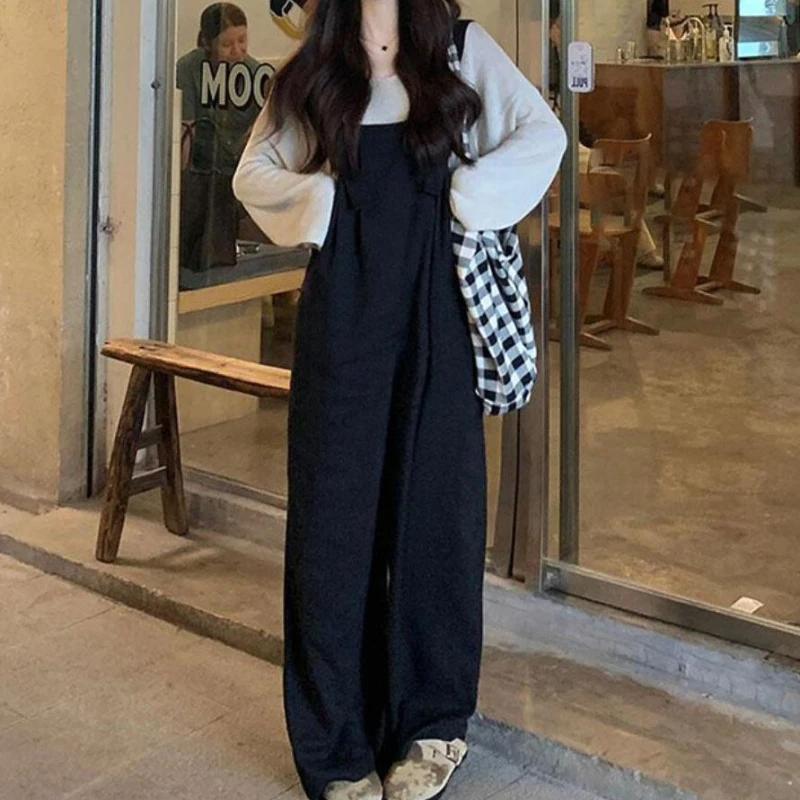 

Korean Simple Fashion Spring Autumn Jumpsuit Women Solid Colour Loose Casual Wide Leg Pants All Match Black Khaki Overalls