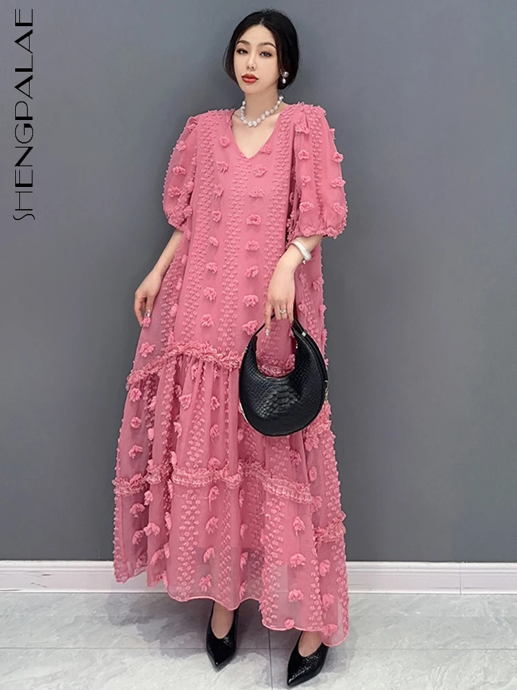 

Женское платье с 3d-цветами SHENGPALAE, повседневное свободное элегантное шикарное платье с V-образным вырезом и защитой от солнца, Новинка лета 2024, 5R2169