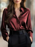 Elegant  Satin Long Sleeve Blouse for Women   Button-Up Collar Shirt Perfect for Casual or Professional Wear - Image 3