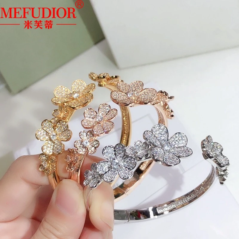 

925 Sterling Silver\18K Gold Moissanite Diamond Bracelet 7 Flowers Opening Women's Bangle High Quality Luxury Jewelry Party Gift