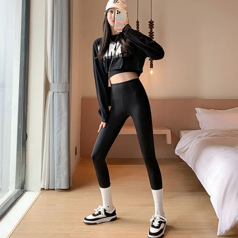 Shark Skin Leggings Women's Thin Spring and Autumn Tight Print Letters Slim Legs Yoga Slim Black Pants