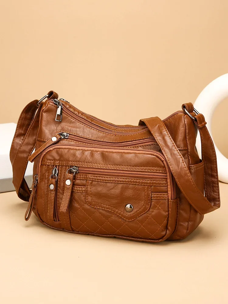 thumbnail image 1 of Bolso bandolera de mujer de cuero suave con múltiples compartimentos y múltiples bolsillos con costura en la parte delantera y trasera de tendencia de moda para las cuatro estaciones, 1 of 5