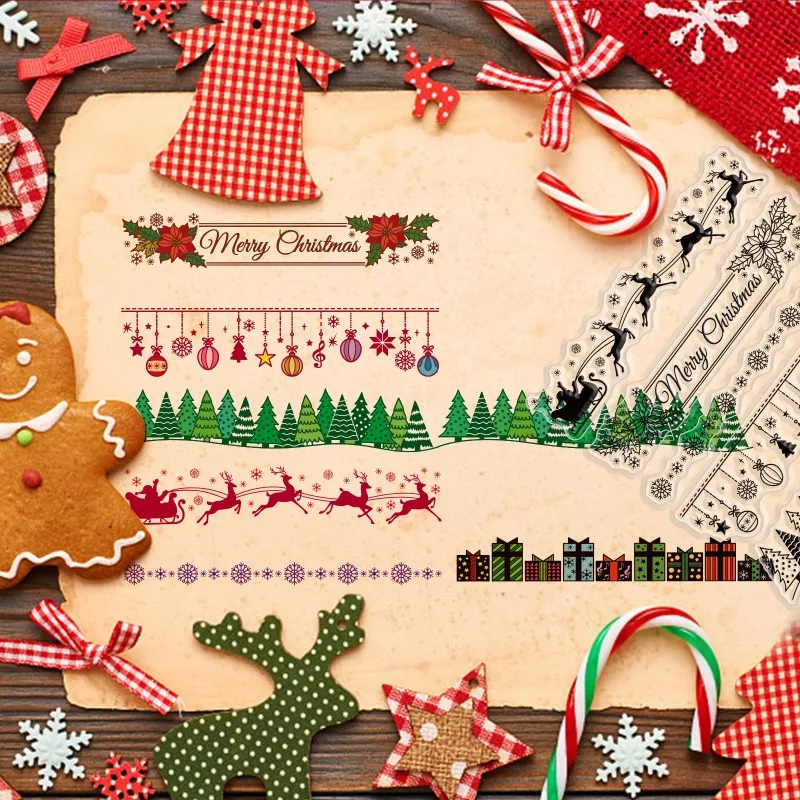 1 시트 크리스마스 레이스 클리어 스탬프 눈송이 선물 메리 크리스마스 트리 엘크 홀리 카드 제작을위한 투명 실리콘 스탬프