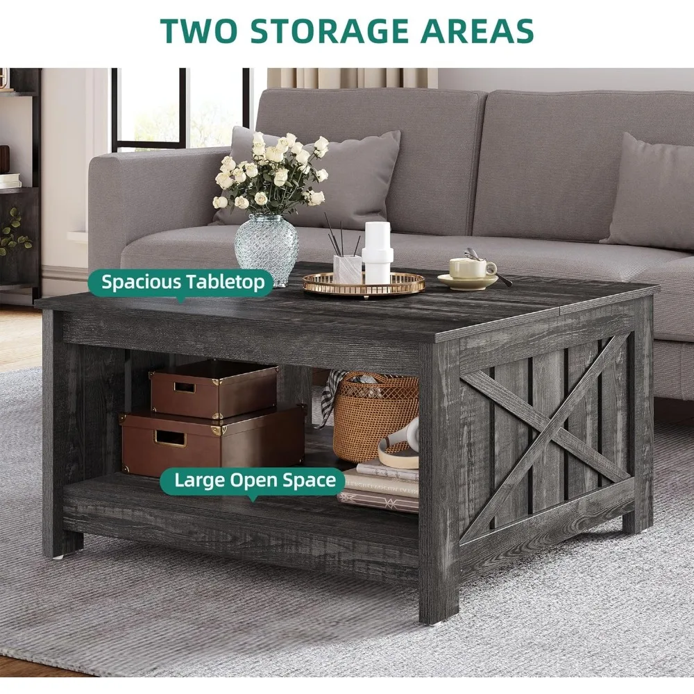 Coffee Table Farmhouse, Square Coffee Table with Semi Open Storage Compartment, Dark Country Style Oak 4