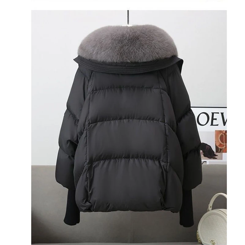 Winter New Fur Collar Puffer Down Parka Loose Down Warmer Thicken Snow Jacket Pocket Zipper Faux Fur Outerwear Female 6