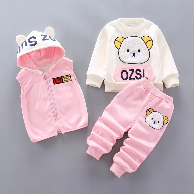 Baby Boy Clothing Girl Clothes Gold Velvet Warm Clothes Bear Cartoon Printing Plus Velvet Thick Sweater Hooded Vest Jacket 3pcs baby clothing set long sleeve	