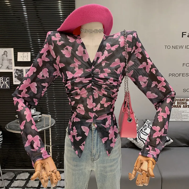 

Женская плиссированная рубашка с длинным рукавом, элегантная винтажная Блузка с V-образным вырезом, приталенный силуэт, с принтом