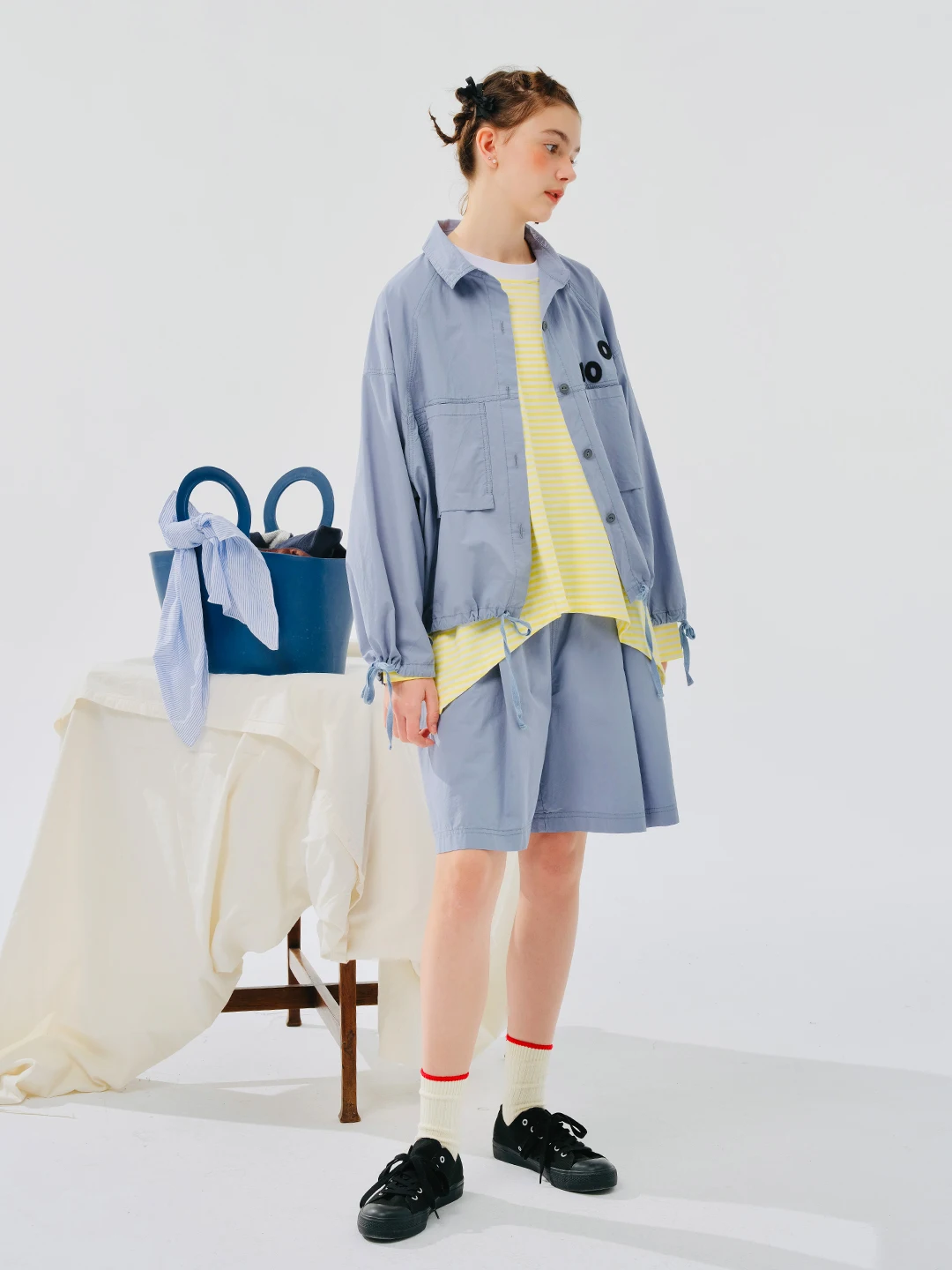 IMAKOKONI 여성용 라펠 긴팔 문자 자수 포켓 스트랩 블루 셔츠 탑, 오리지널 디자인, 244501