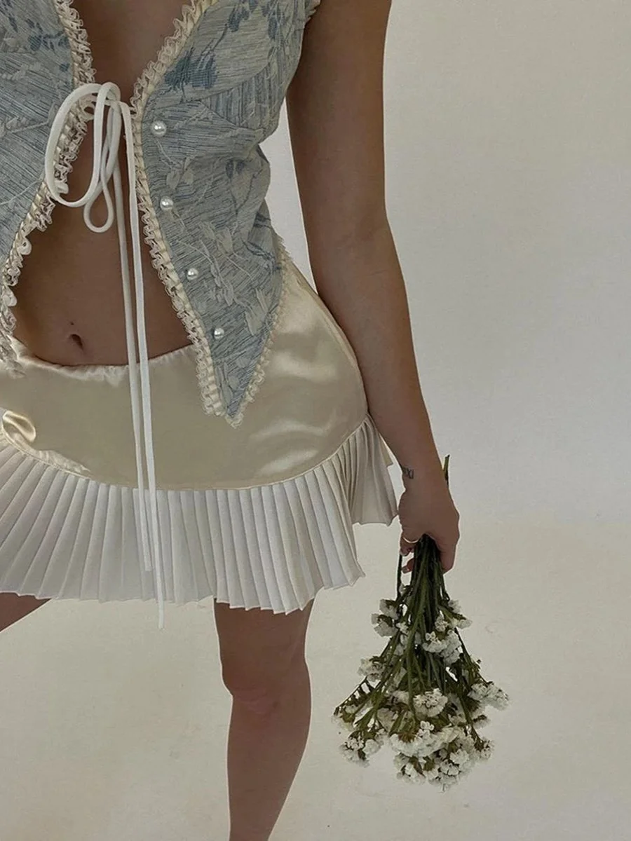 Street Sle High Waist Pleated  Skirt Women's  Color Patchwork Bicolor Cheered ort Skirts for Ladies