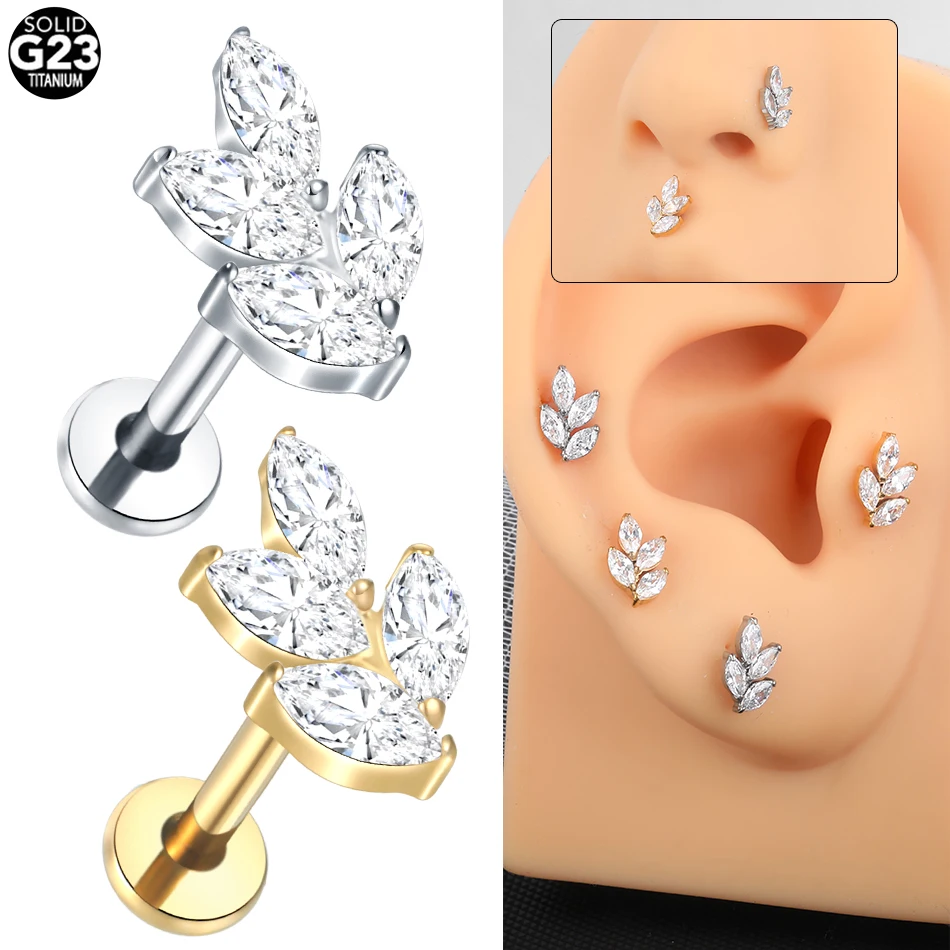 

1pcs G23 Titanium Marquise Leaf Stud Earrings for Women 16G Cartilage Lobe Conch Helix Tragus Labret Piercings Lip Studs Jewelr