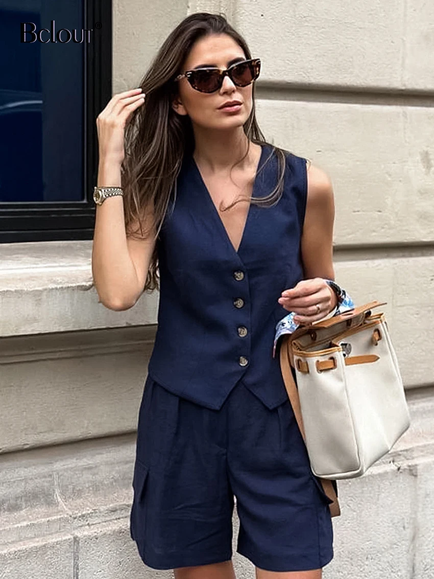 

Bclout летние синие льняные шорты, женские комплекты из 2 предметов, модные тонкие топы без рукавов с V-образным вырезом, повседневные хлопковые шорты с широкими штанинами, костюмы 2024