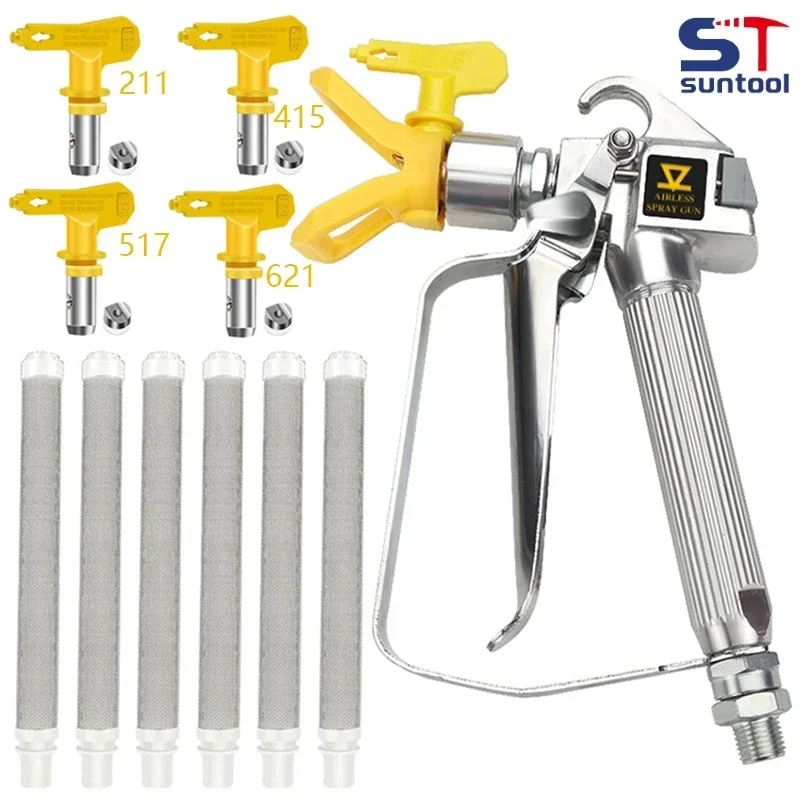 

Suntool Airless Paint Spray Gun High Pressure 3600 PSI with 4 X Swivel Joint 211 415,517 621 6 X Filter Professional Paint Gun