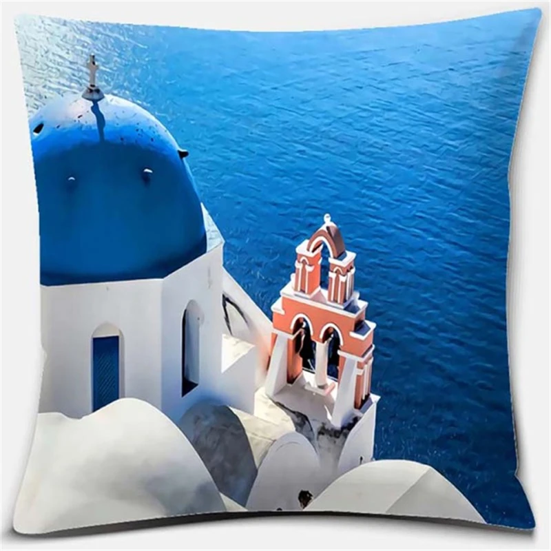 45*45CM Romantic Greek Santorini Collection Pattern Print Pillowcase Beautiful Landscape Square Pillowcase Office Home Decor