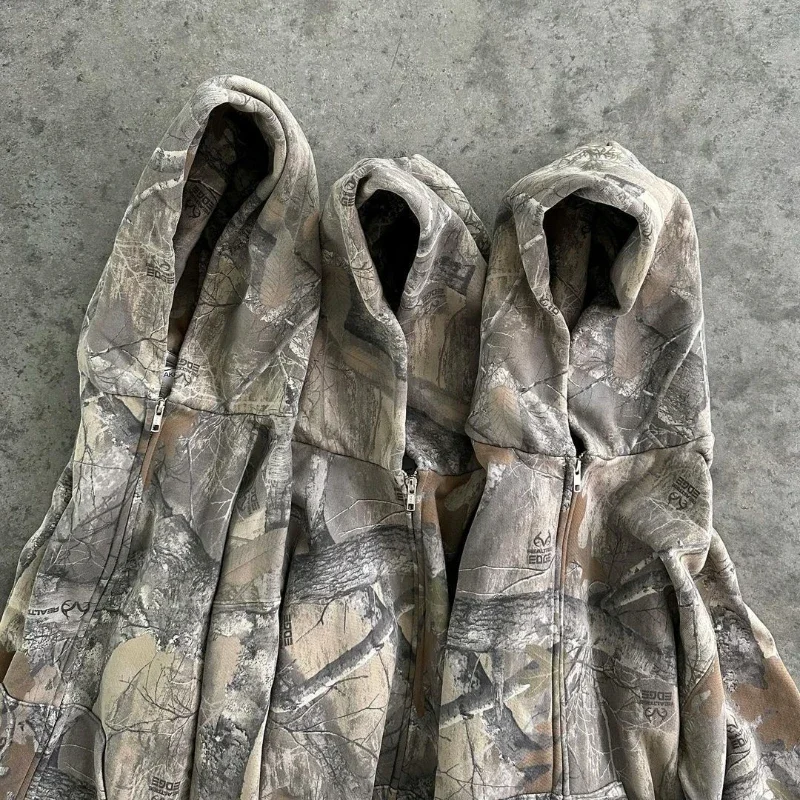 Men Camo Hoodie Y2K Retro Zip Up Hoodie Men Camouflage Pattern Zipper Sweatshirt High Street Hip Hop Streetwear Oversized Unisex Camo Hoodie
