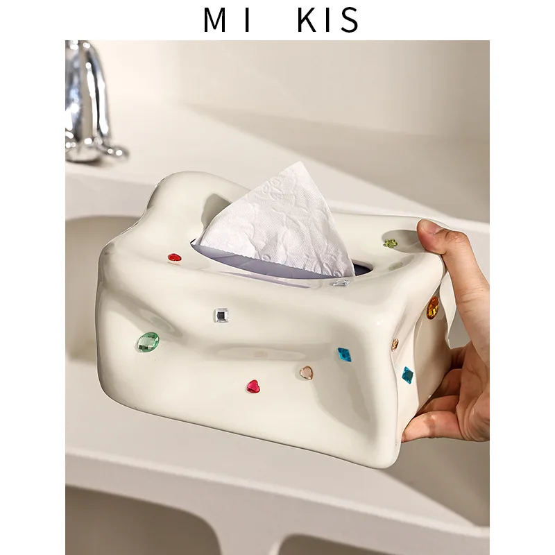 

Aesthetic Irregular Tissue Boxes with Gems Home Decoration Luxury Living Room Desk Accessories Ceramic Napkin Containers Crafts