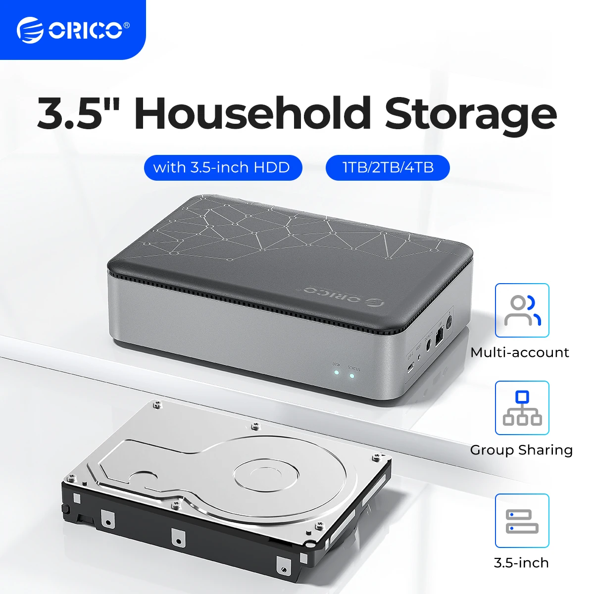 Orico Personal Storage 3.5 "1Tb 2Tb 4Tb Type-C Superspeed Nas Con Accesso Remoto Di Backup Automatico E Condividi 12V/2A Per Pc/Tv/Telefono
