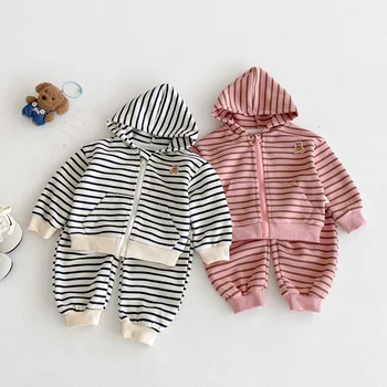 Children's striped set, autumn collection, infant and toddler knitted long-sleeved coat top, loose Korean-style sportswear pants 1