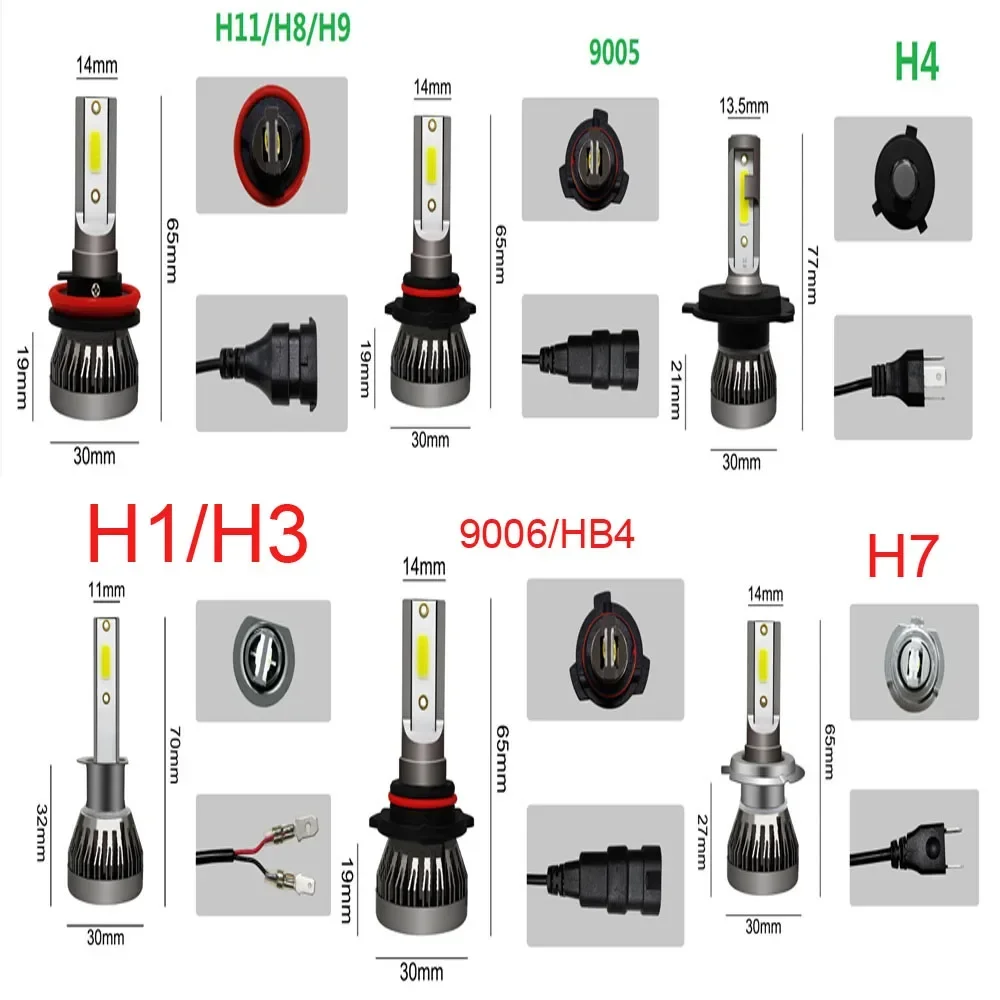 2PCS 조명 자동 H7 LED H4 전구 H3 H8 H9 H11 9005 9006 9012 6000LM 자동차 헤드 라이트 H1 6000K 자동 안개등 12V LED 전구