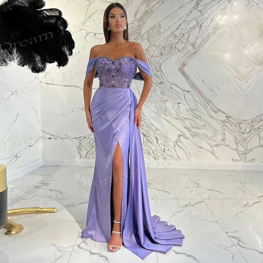 

2024 Sexy Purple Women's Mermaid Charming Evening Dresses Classic Off The Shoulder Prom Gowns Side Split Beaded Robe De Soiree