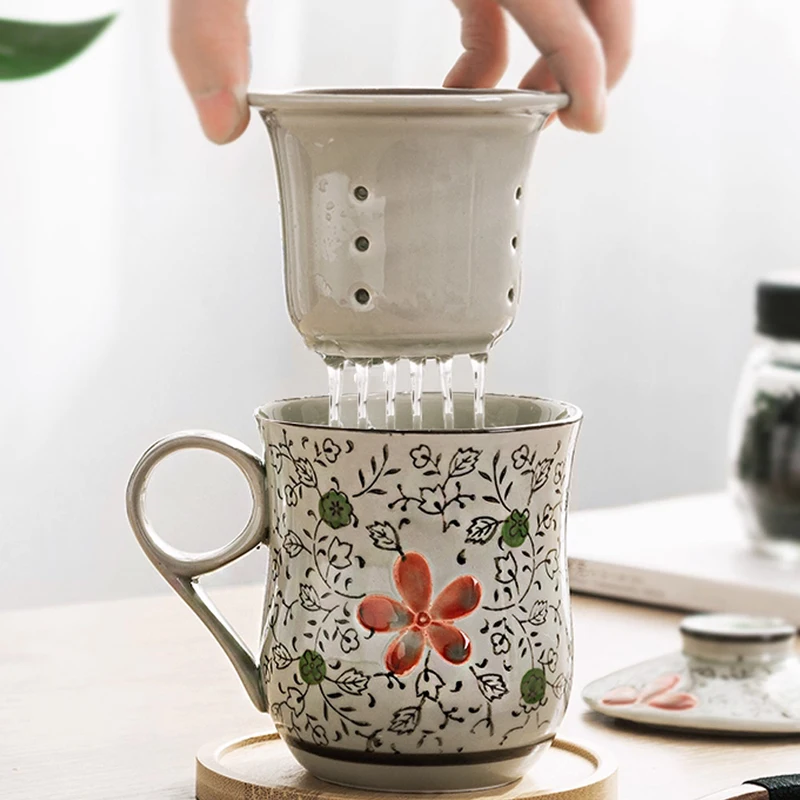 Chinese Style Ceramic Cartoon Floral Pattern Mug, Personal Creative Teacup, With Cover Filtered Tea Water Separation, 320ml, 1Pc