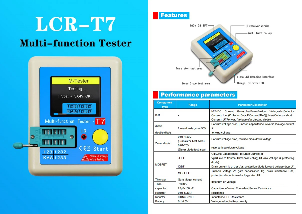 TC-T7-H LCR-TC1 TCR-T7 Colorful Display  Transistor Tester Multimeter Diode Triode MOS/PNP/NPN Capacitor Resistor Transistor 2