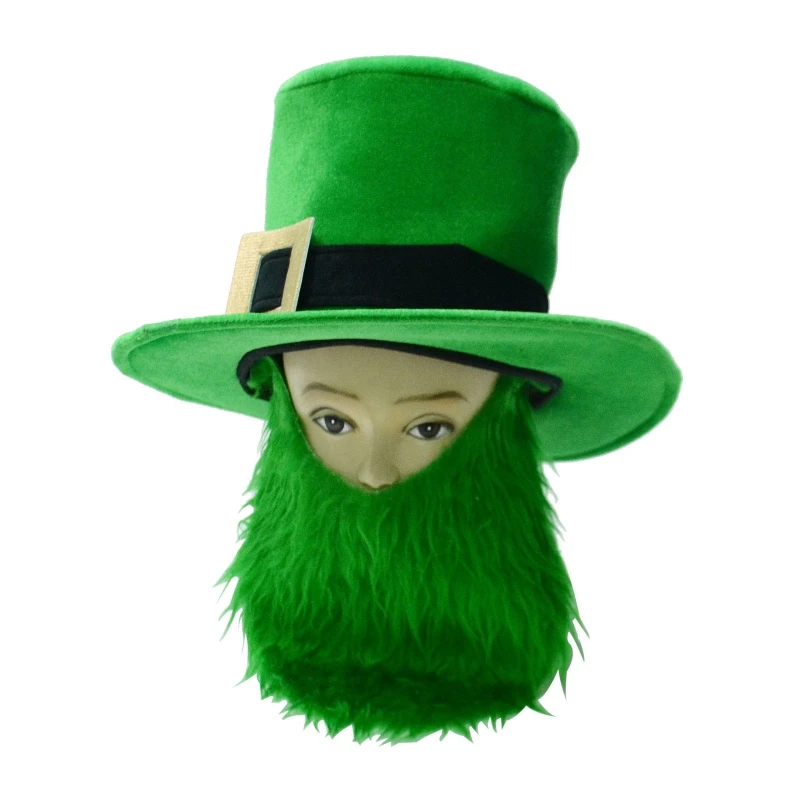 Patrick Day Ox Horn Top Hat Green Tall with Beard Clover Shamrock for Women Men Adult Irish Festival for Cosplay Hat