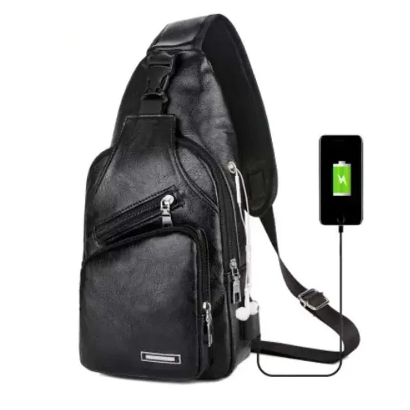 Simple Fashionable Casual Solid Color PU Leather Multifunctional USB Charging Zipper MEN'S Chest Bag Crossbody Bag for Commuting