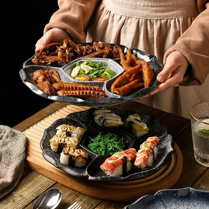 Japanese Tableware Sushi Four Grid Plate Ceramic Divided Vegetable Plate Fruit