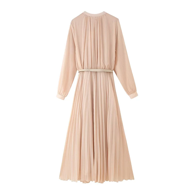 Chic Elegant Pleated Woman Dress Fashion Single Breasted Long Dresses Holiday O-Neck With Belt Female Evening Party Dresses