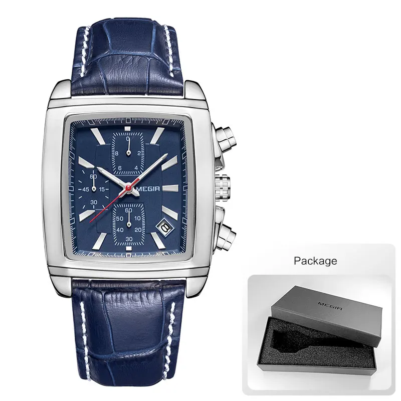 New Rectangle Dial Leather Strap Watch for Men Casual Blue Chronograph Quartz - Picture 28 of 28