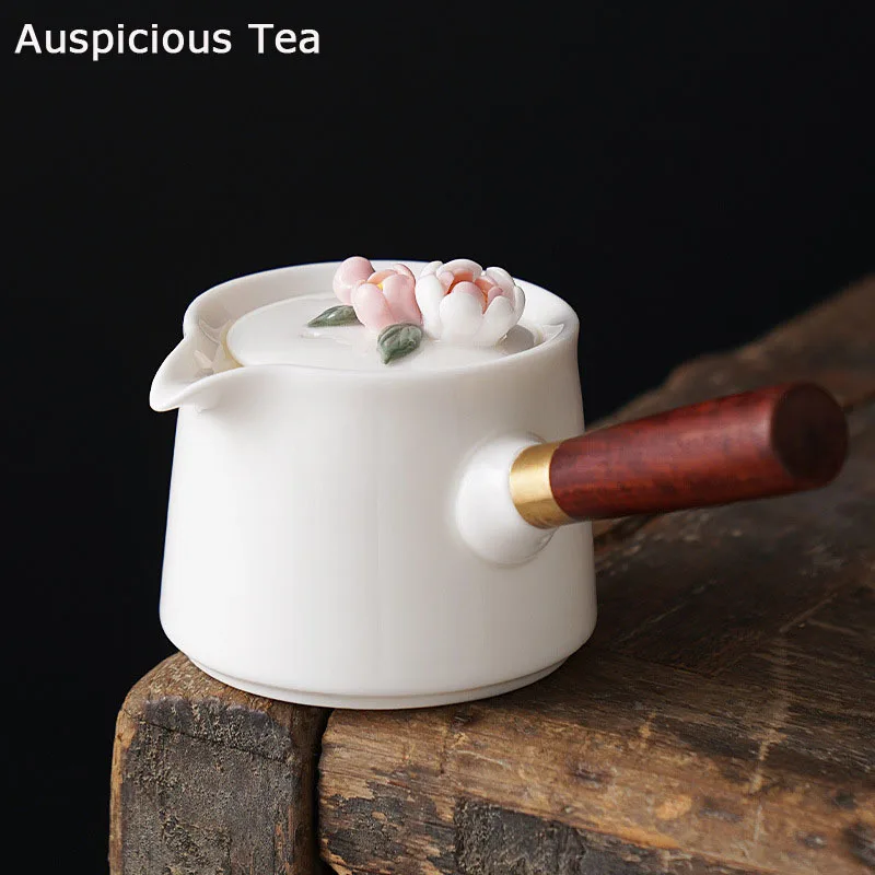 

230ml Boutique Handmade Flower Pinching Side Handle Ceramics Teapot Scald Proof Wooden Handle Household Chinese Kung Fu Tea Set