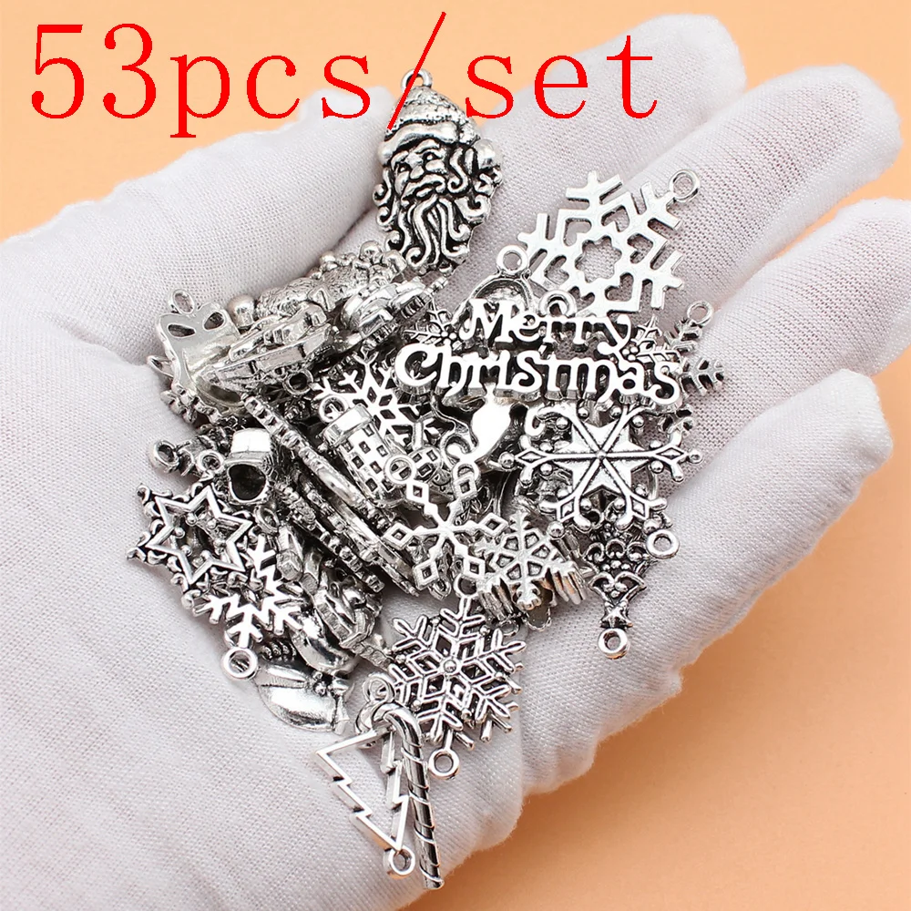 

Christmas Snowflakes Elk Snowman Santa Claus Christmas Tree Charms For Jewelry Making Keychain Pendant Cute Items 53pcs/set