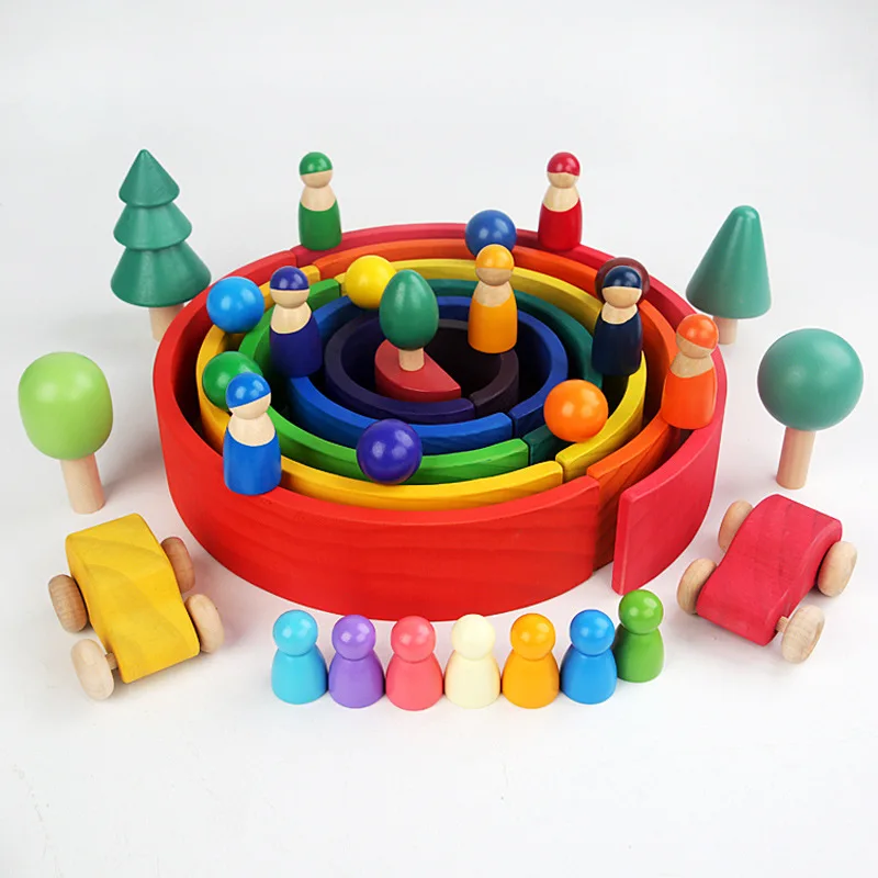 Colorful Wooden Rainbow Stacking Blocks - Montessori-Inspired Educational Toy