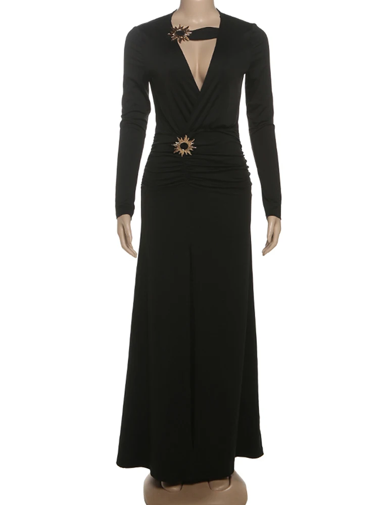 Nibber Sexy Side Split V-Neck Dress Women Sun Metal Clasp Full Sleeve Stretch Skinny Party Gown Trend Basic Elegant Vestidos