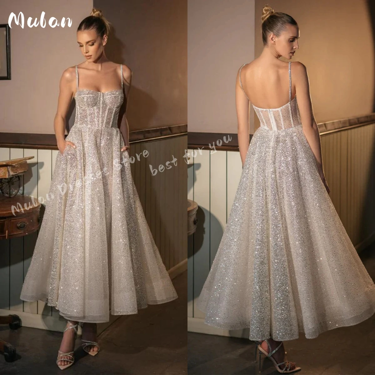 

Spaghetti Straps Dazzling Prom Dresses Backless Sleeveless A-line Evening Dress Ankle-length Formal Occasion Party Gown Vestidos