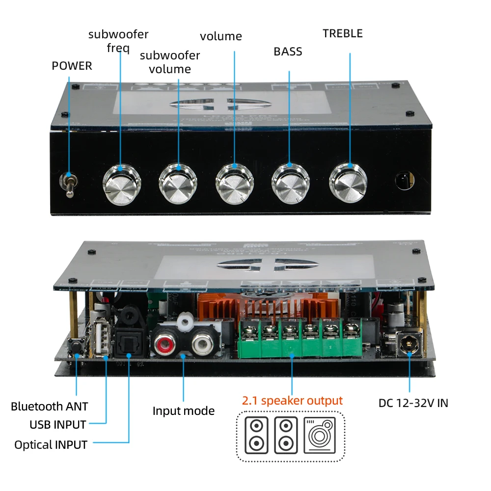 2.1 채널 블루투스 앰프 보드 320W 하이파이 서브우퍼 오디오 앰프 (고음 및 저음 조절 기능 포함) AUX DC 12/32V DIY 스피커용