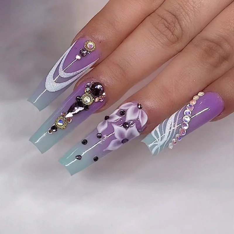 

3D fake nails accessories gradient Purple flower with rhinestones design long french coffin tips faux ongles press on false nail