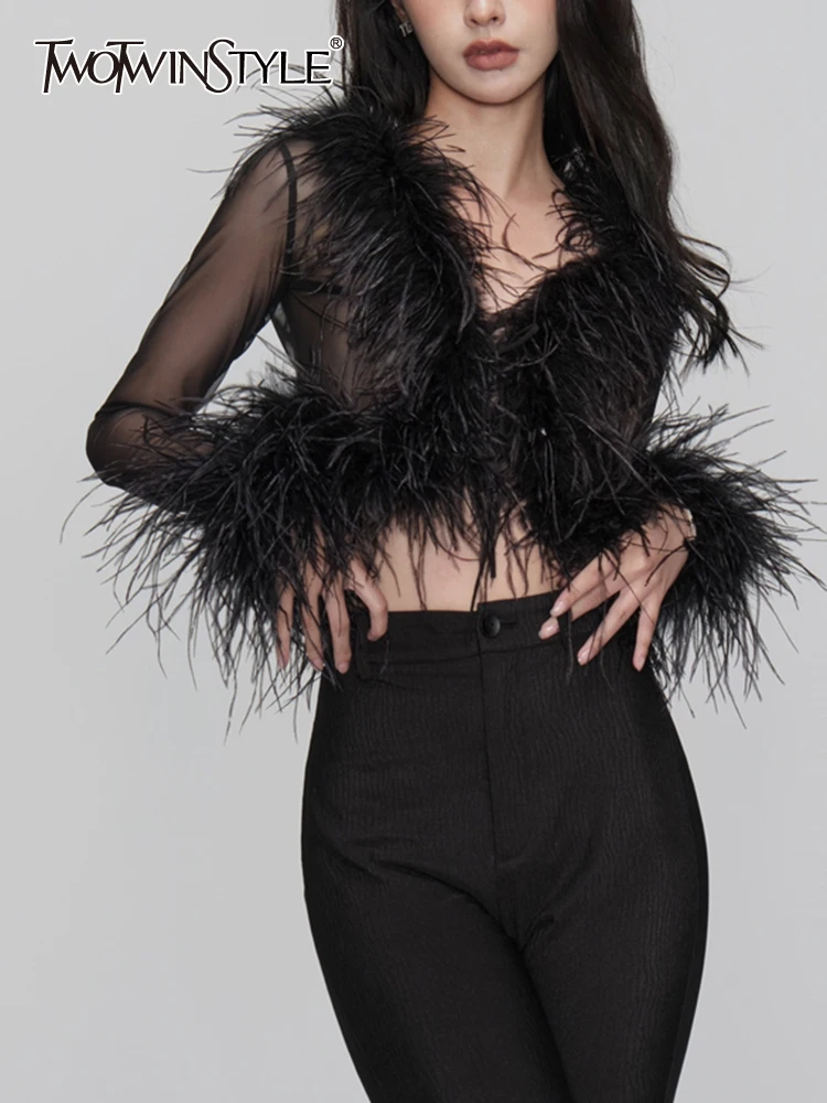 

TWOTWINSTYLE Slim Black Shirt For Women V Neck Long Sleeve Patchwork Feathers Sexy Blouses Female Spring Clothing Style New 2022