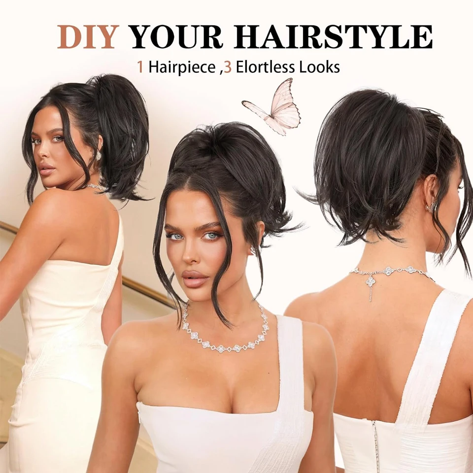 Clip per capelli a coda di cavallo corta con chignon sintetico liscio biondo o castano per donna, per uso quotidiano - immagine 5